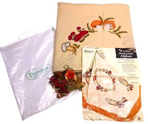 Vintage Paragon Needlecraft Woodland Mushrooms Afghan 0510 Embroidery Kit 53x71"